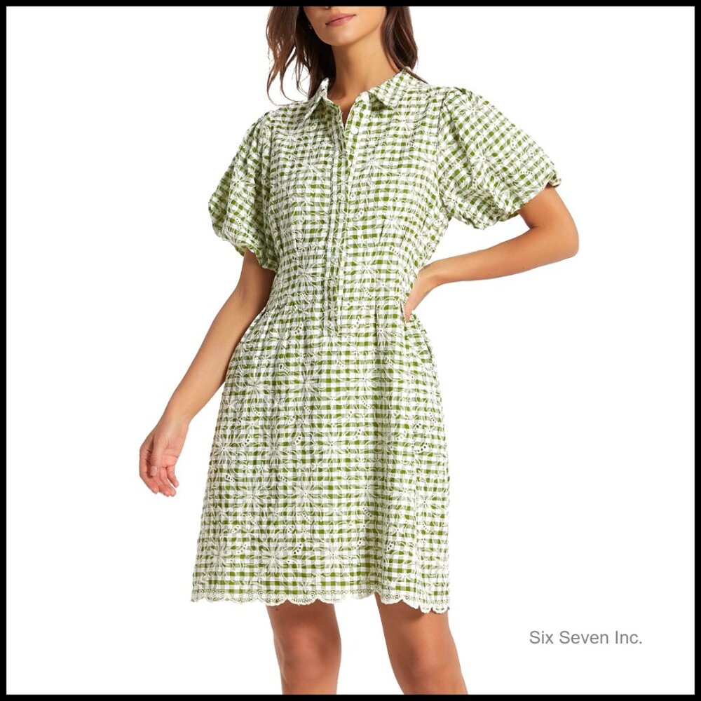 Short Sleeve Pleated Mini Shirt Dress Embroidered Gingham Chic Casual Summer